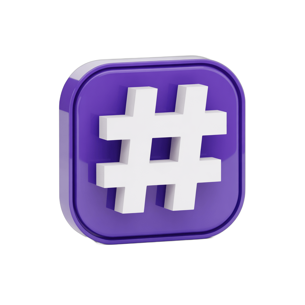 Modern purple hashtag icon with white symbol for social media branding and app design PNG - transparent background