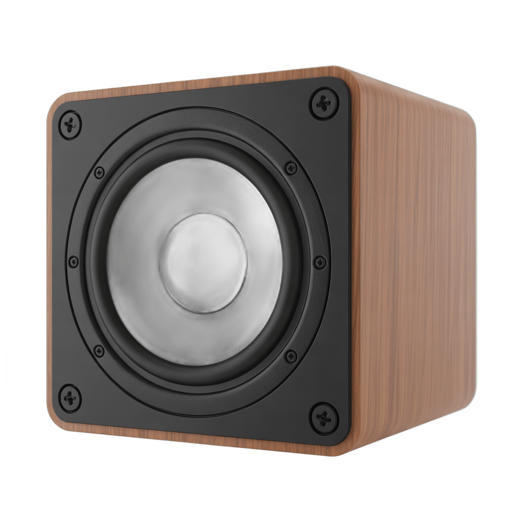 Modern wooden speaker with metallic woofer for home audio system design PNG - transparent background