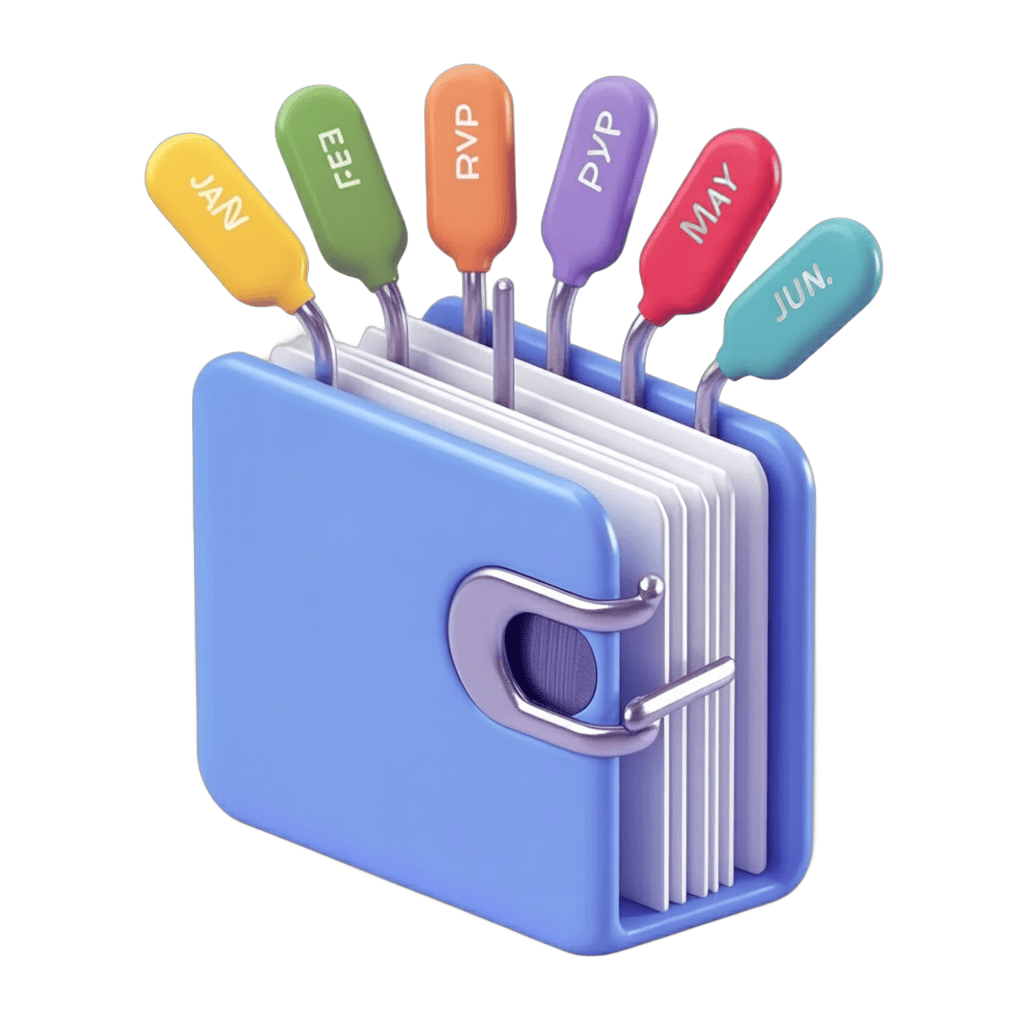 Monthly calendar binder clipart with color-coded labels for organization and planning PNG - transparent background