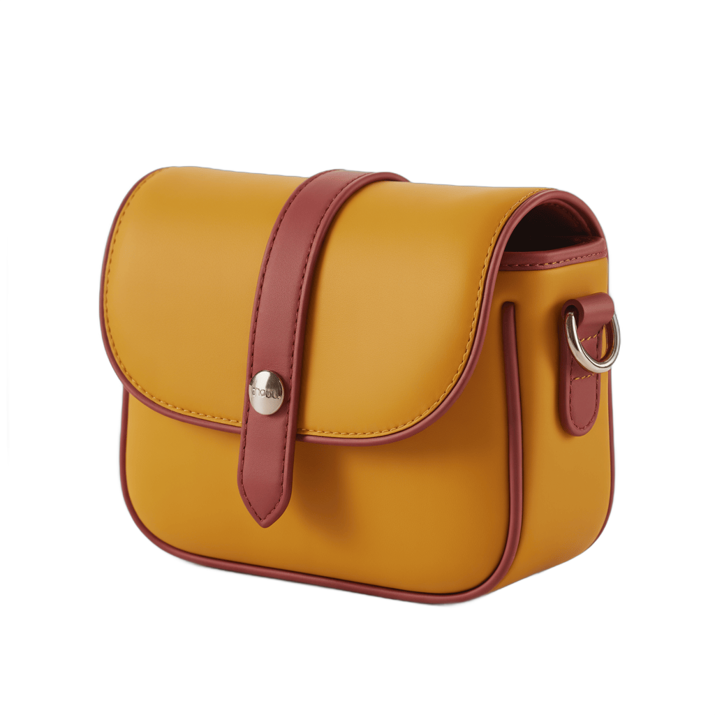 Mustard leather crossbody bag with burgundy trim isolated clipart for fashion design and branding PNG - transparent background