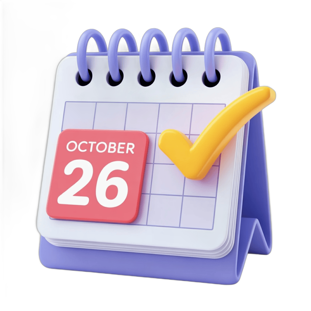 October 26 date marked with checkmark on isolated calendar clipart graphic element PNG - transparent background