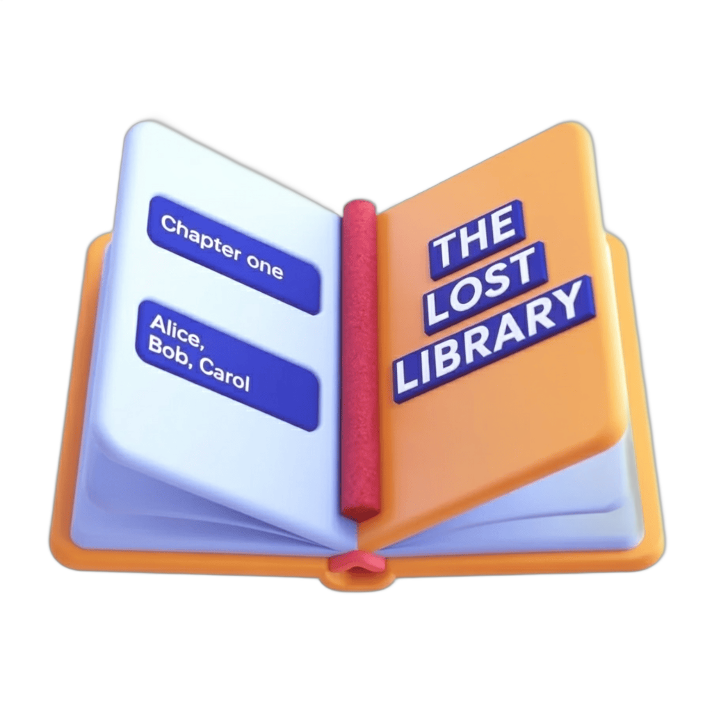 Open book with chapter one and lost library title for book cover design and publishing graphics PNG - transparent background
