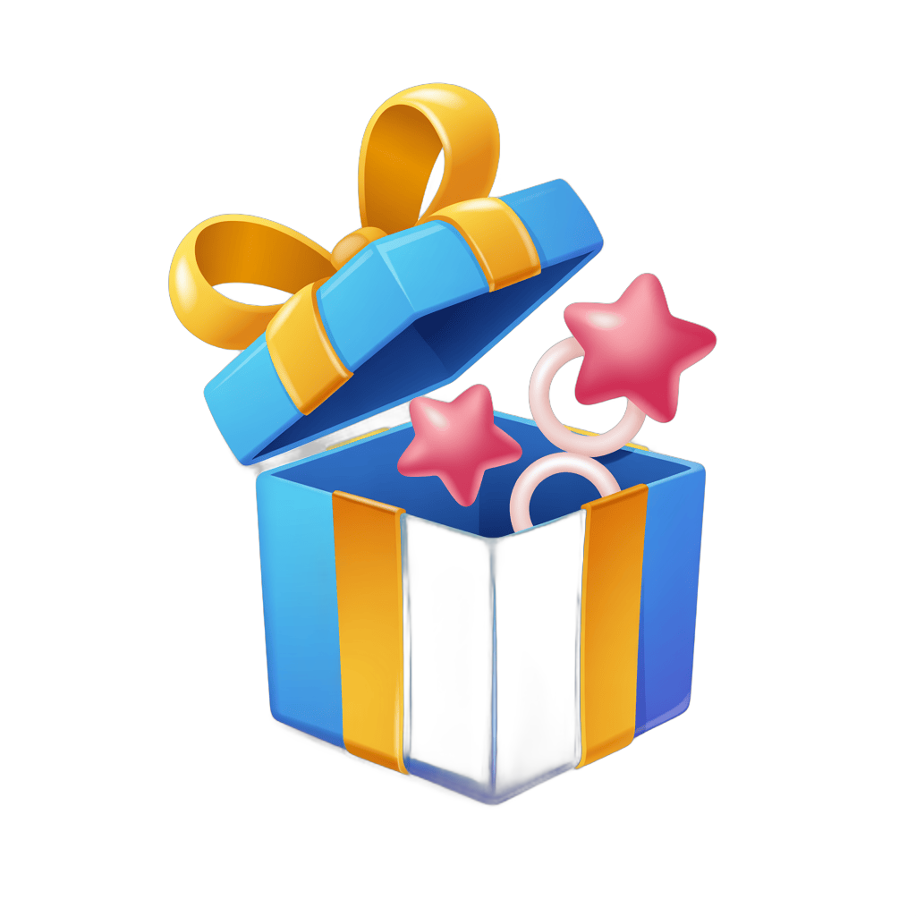 Open gift box with stars and ribbon for celebration party decoration and presentation PNG - transparent background