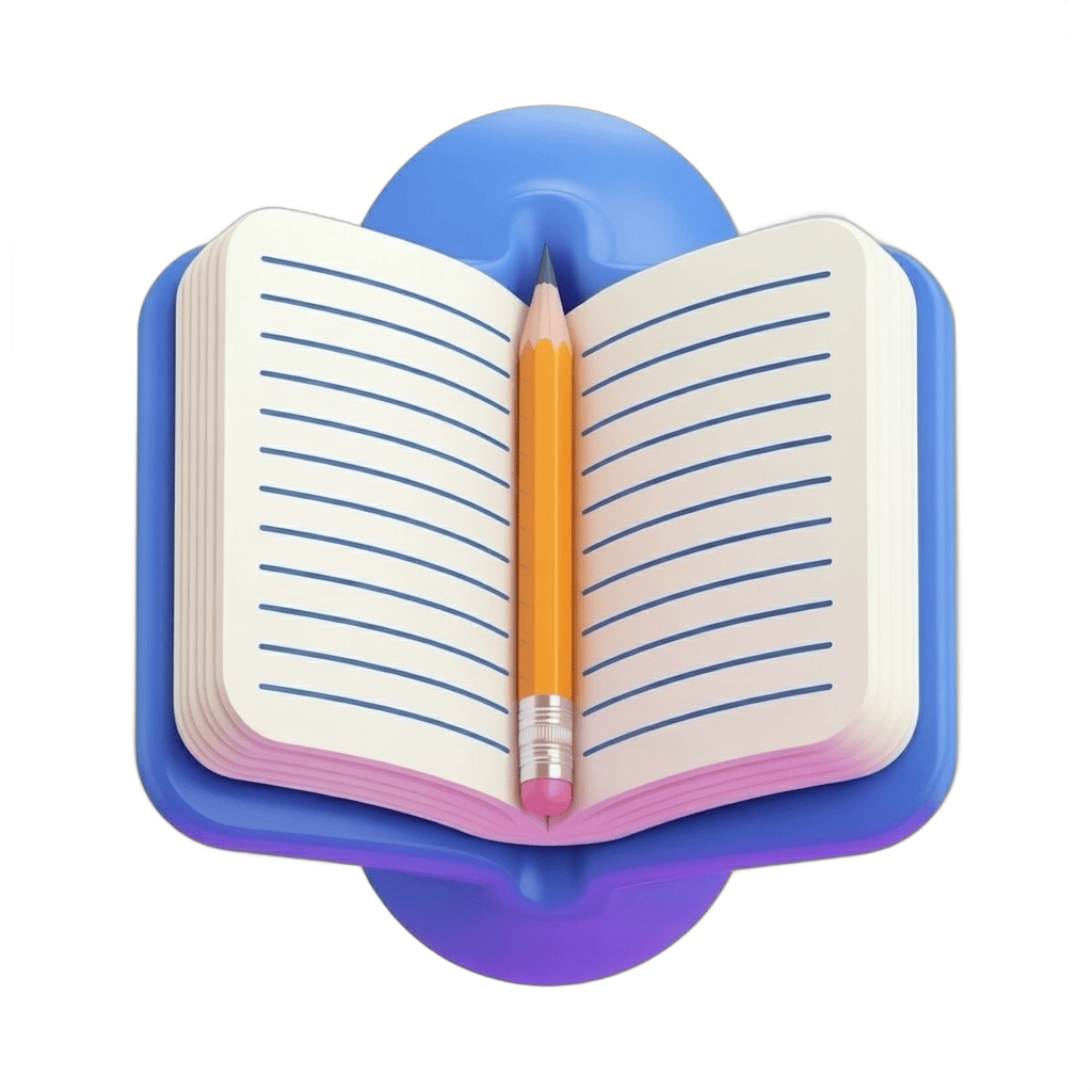 Open notebook with pencil resting on blue stand for education and study illustrations PNG - transparent background