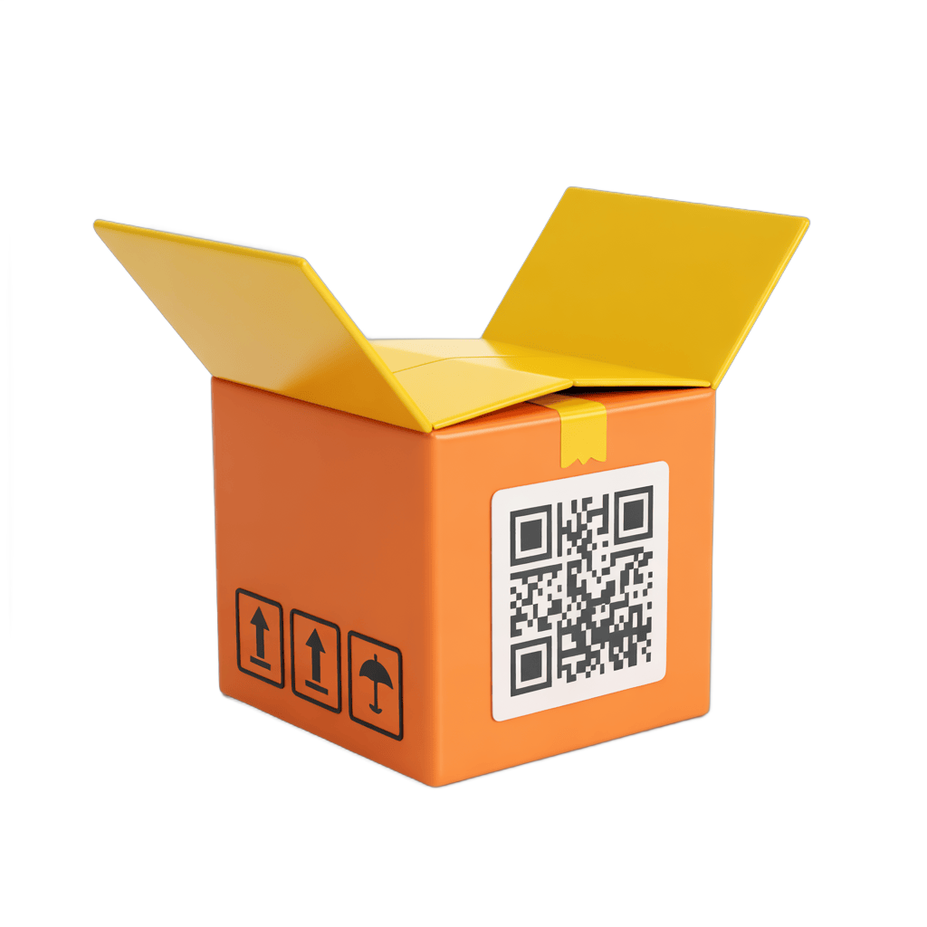 Open orange delivery box with qr code and handling icons for shipping and logistics design PNG - transparent background