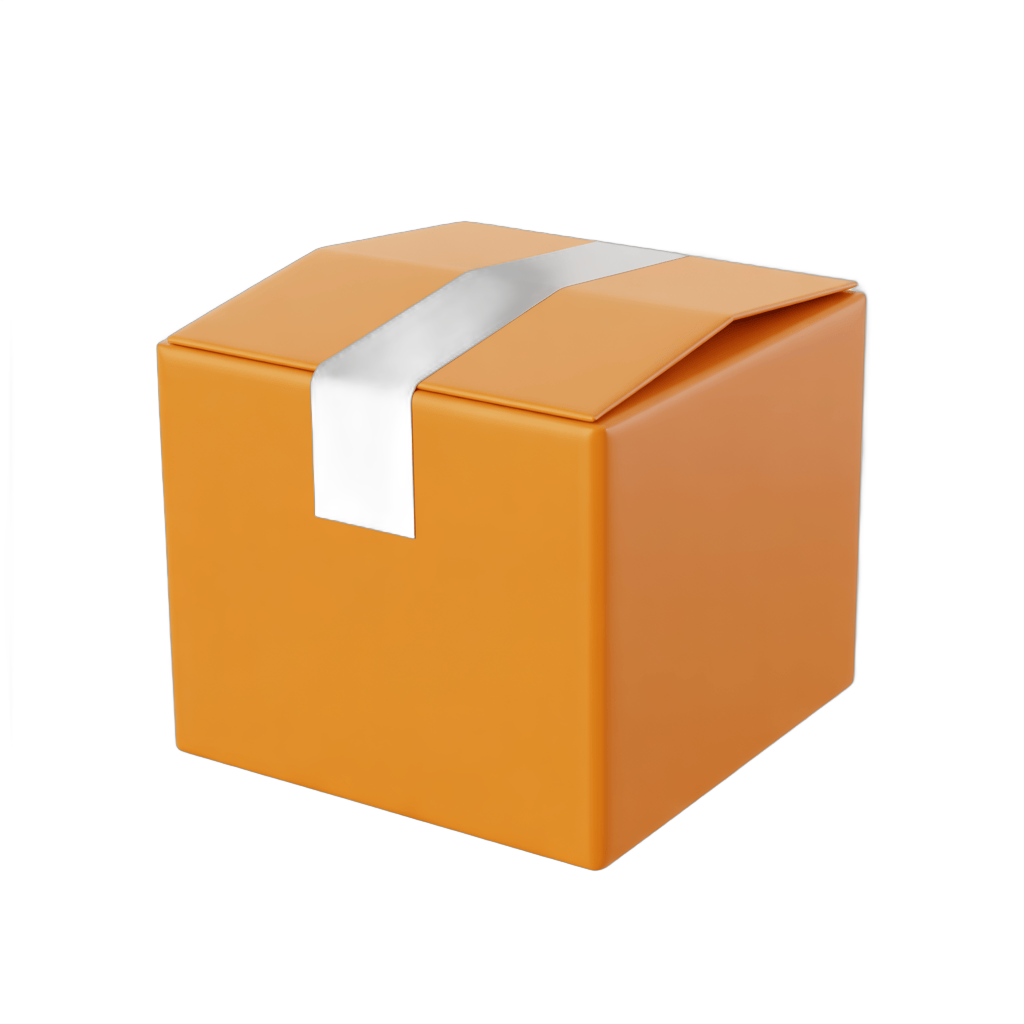 Orange cardboard box with white ribbon ready for gift wrapping and shipping presentation PNG - transparent background