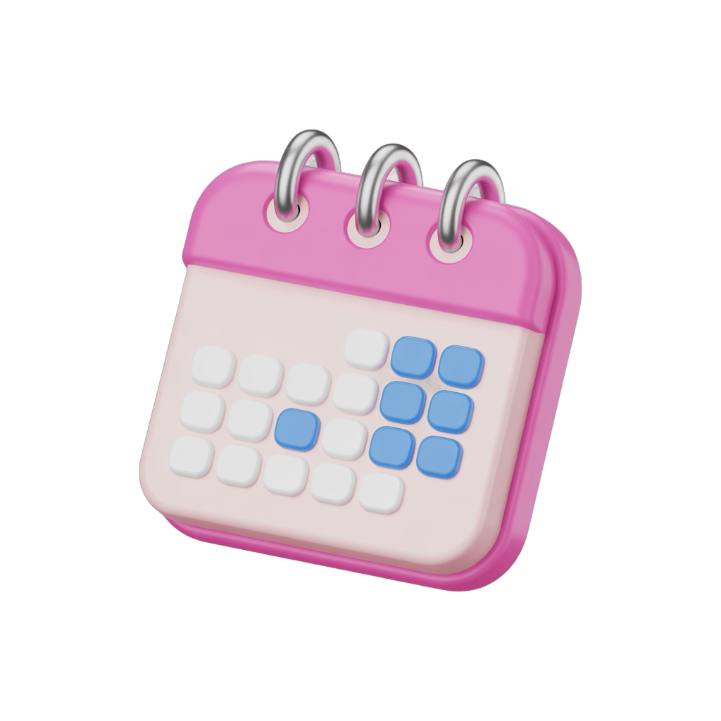 Pink calendar clipart with spiral binding and marked dates for planning and scheduling PNG - transparent background