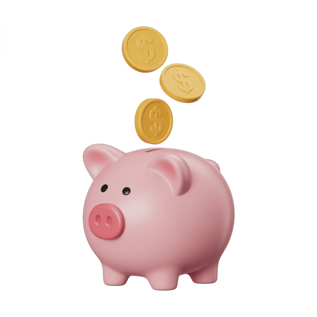 Pink piggy bank receiving gold coins floating in isolated transparent background clipart PNG - transparent background