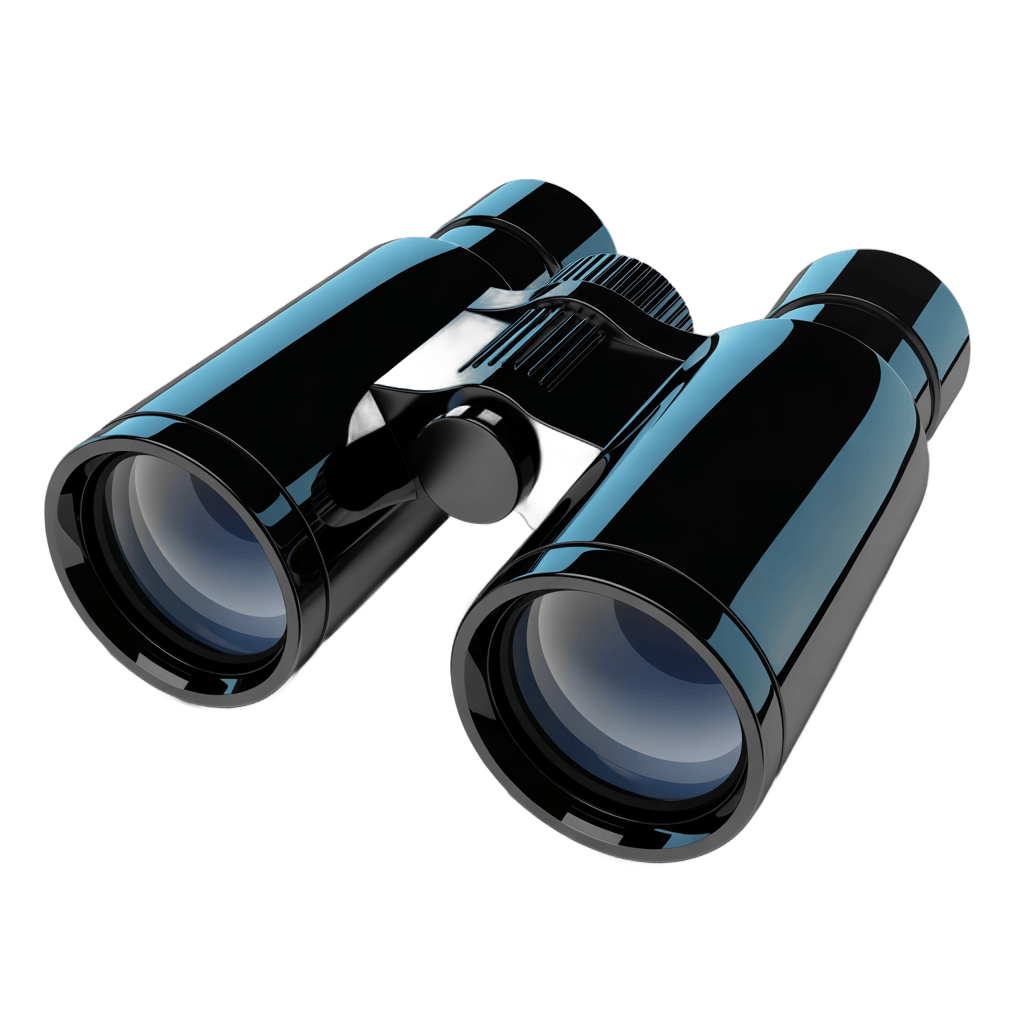 Professional black binoculars 3d illustration for travel adventure and outdoor marketing designs PNG - transparent background
