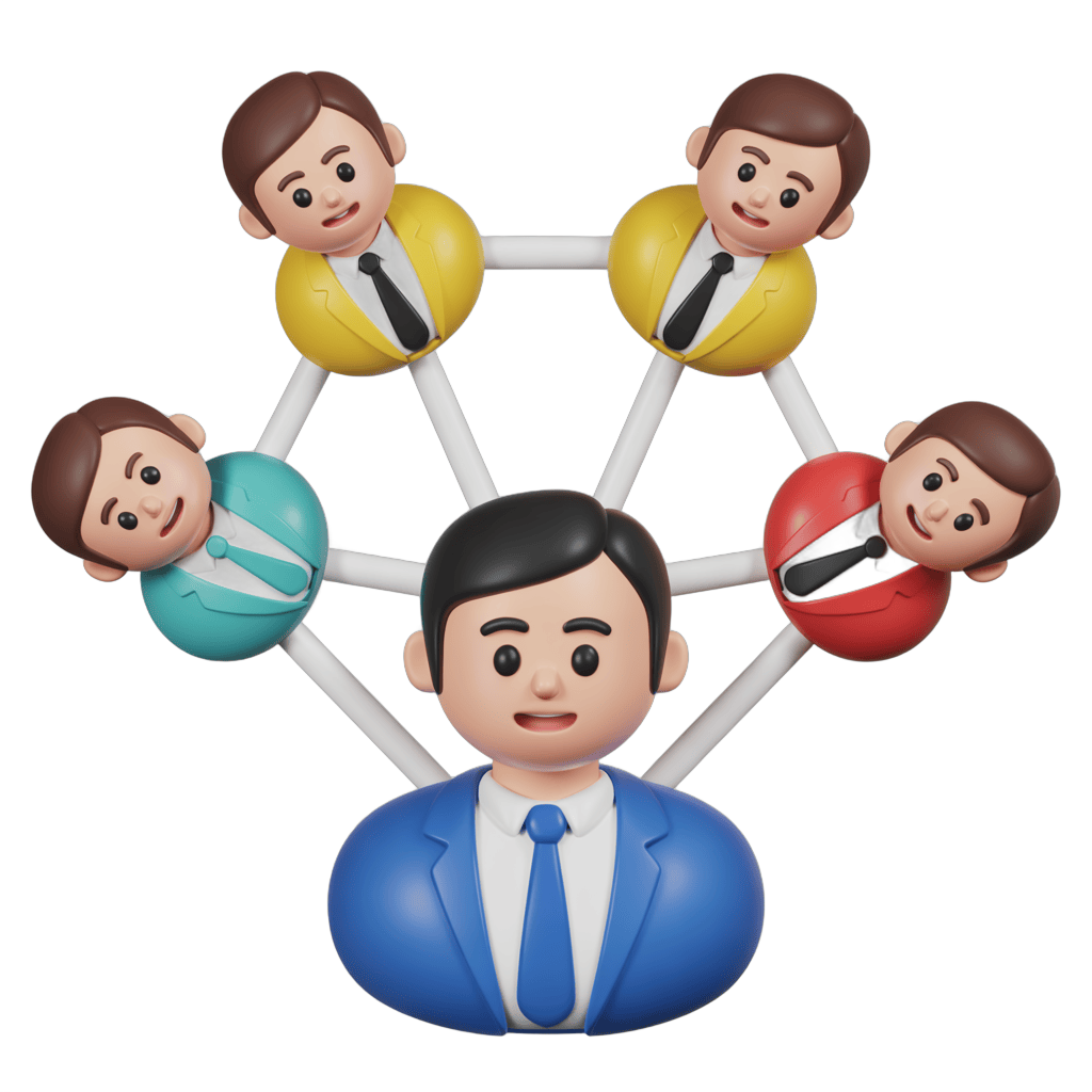 Professional business leader connecting with diverse team members in network illustration PNG - transparent background