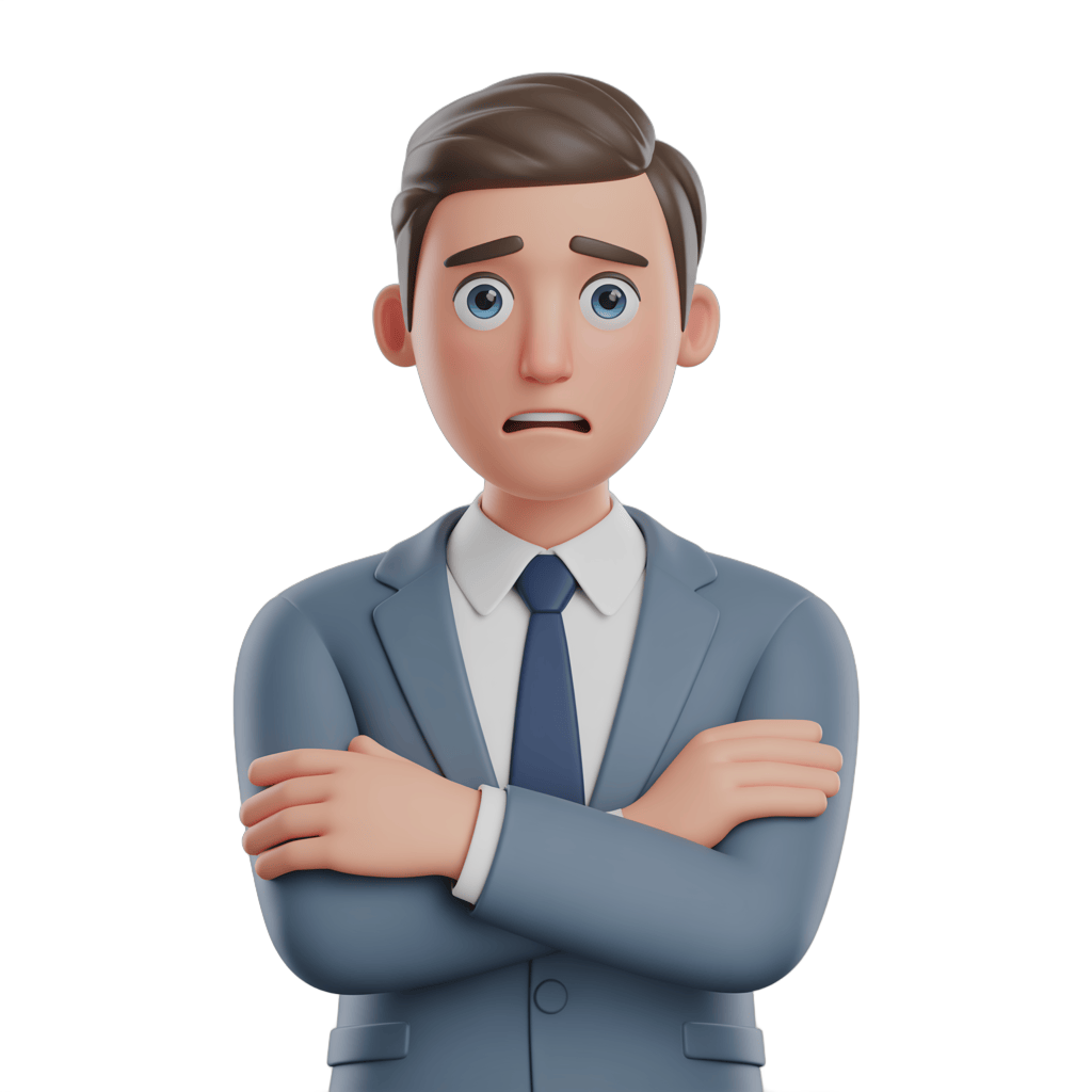 Professional businessman surprised and crossing arms in formal office setting for presentations and corporate graphics PNG - transparent background