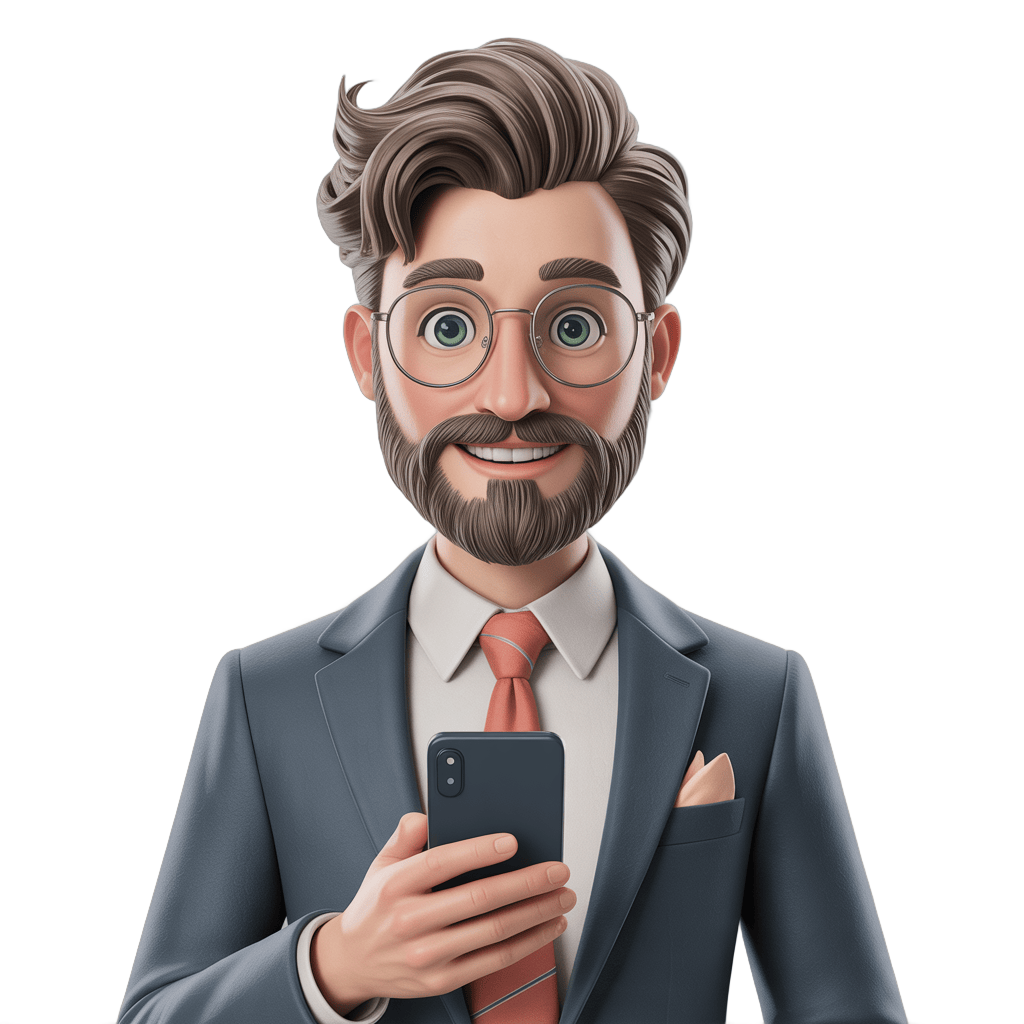 Professional businessman with smartphone smiling confidently for business presentations and marketing materials PNG - transparent background