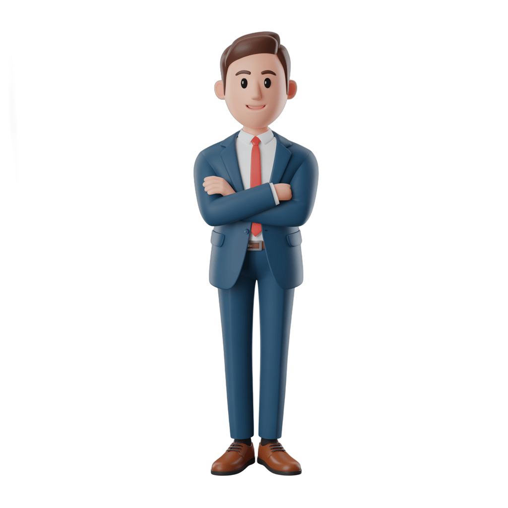 Professional cartoon businessman in suit standing confidently with arms crossed for business presentations and corporate graphics PNG - transparent background