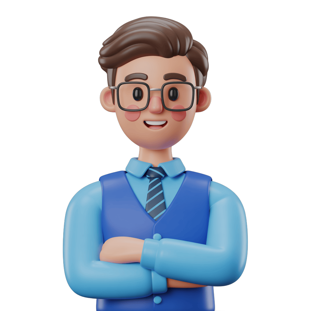 Professional cartoon businessman with glasses smiling confidently for corporate presentations and business graphics PNG - transparent background