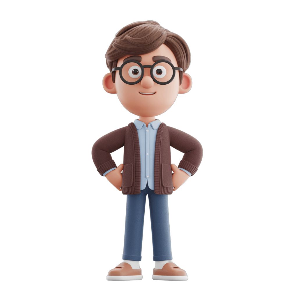 Professional cartoon man in glasses and vest posing confidently for business presentations and corporate graphics PNG - transparent background