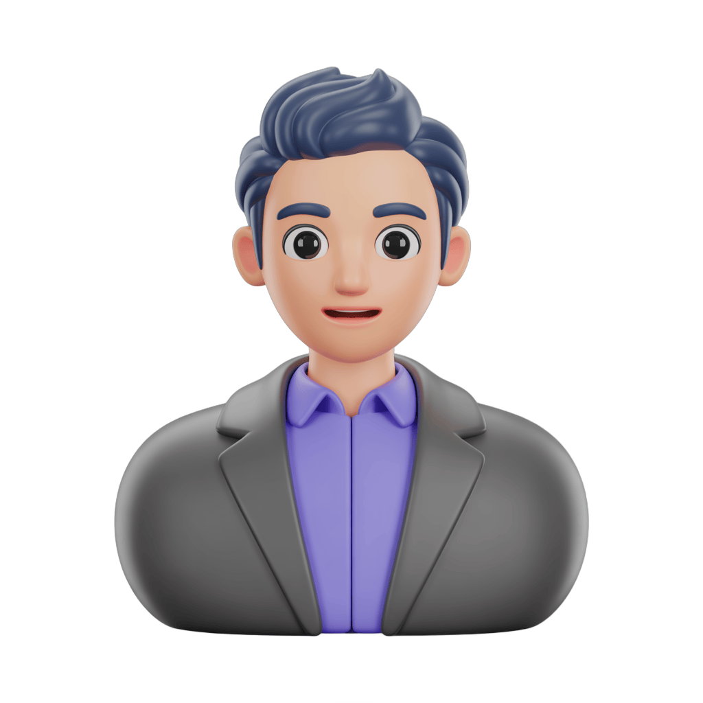 Professional cartoon man in gray suit purple shirt for business presentations and corporate graphics PNG - transparent background