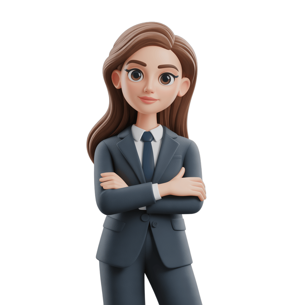 Professional cartoon woman in business suit with arms crossed for corporate presentations and branding PNG - transparent background
