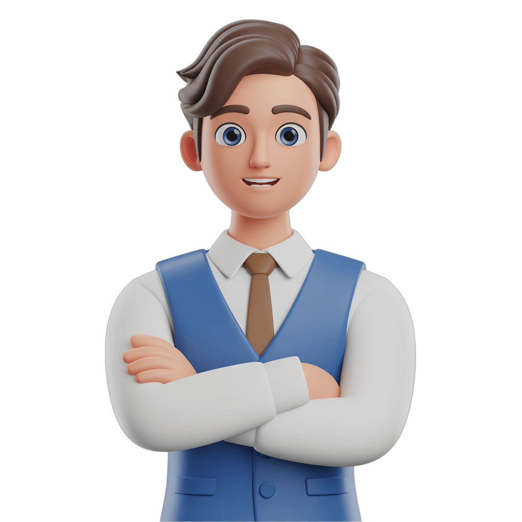 Professional confident businessman with arms crossed in blue vest and tie for corporate presentations and business graphics PNG - transparent background