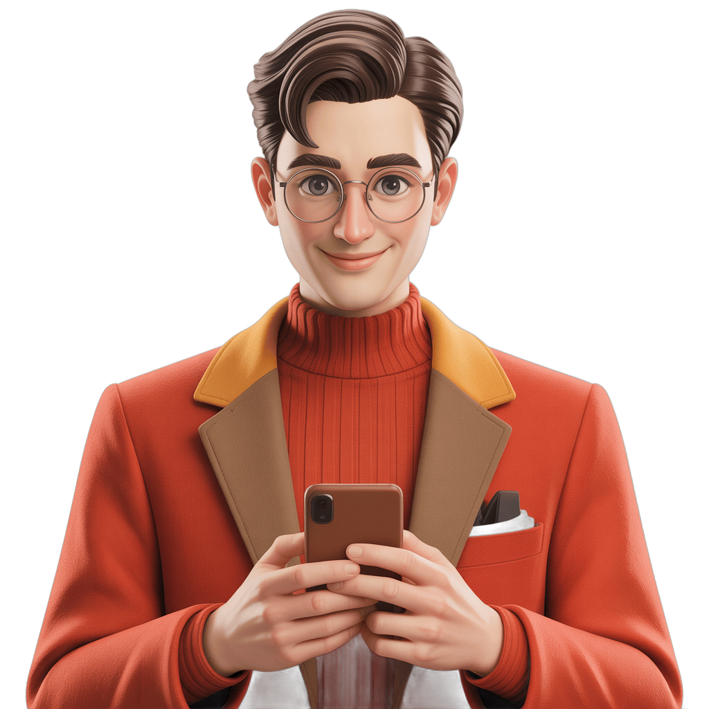 Professional man in stylish red blazer and glasses using smartphone with cheerful expression for business presentations PNG - transparent background