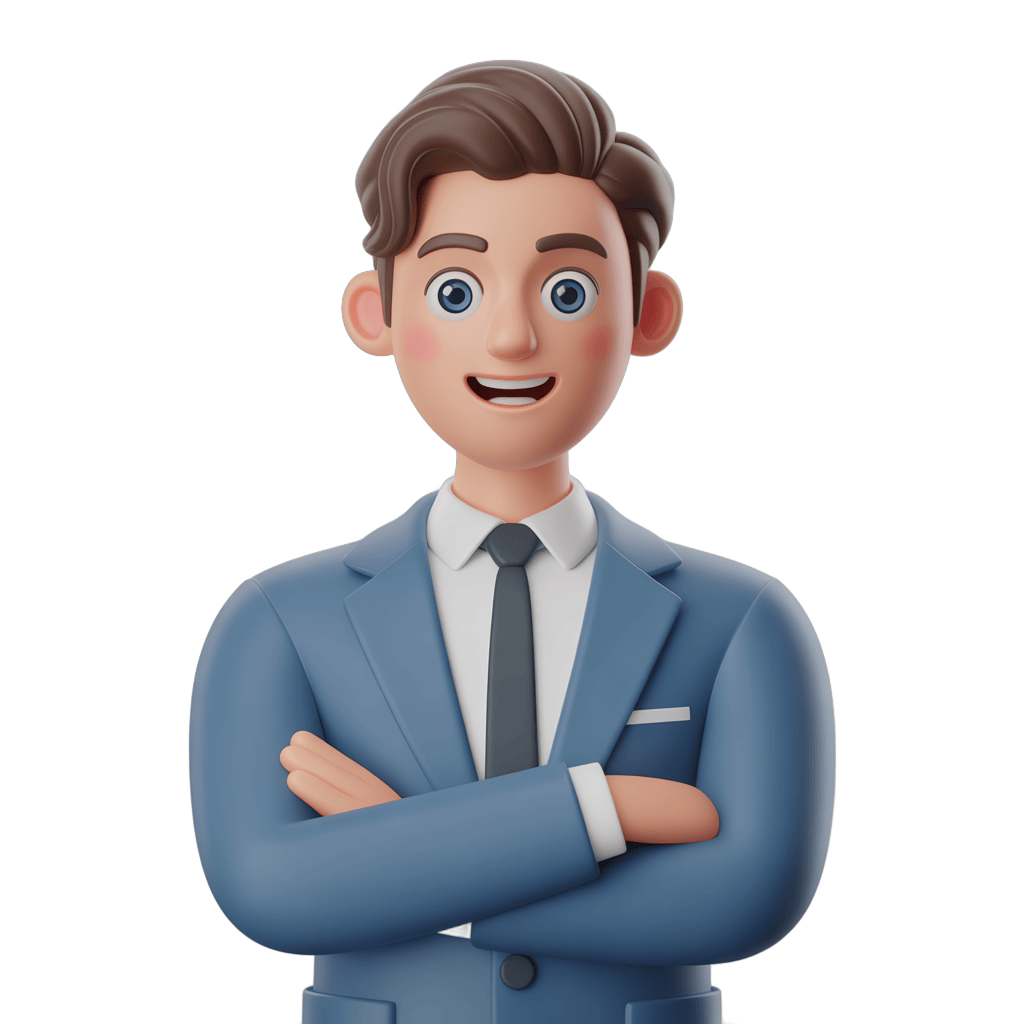 Professional smiling businessman with arms crossed in blue suit for corporate presentations and branding PNG - transparent background