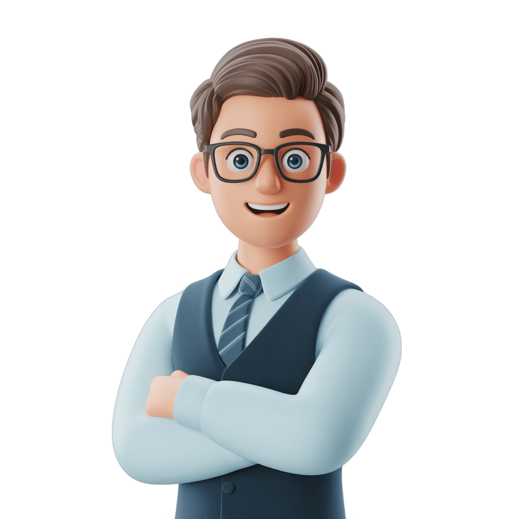 Professional smiling businessman with glasses in light blue vest and tie for corporate presentations and branding PNG - transparent background