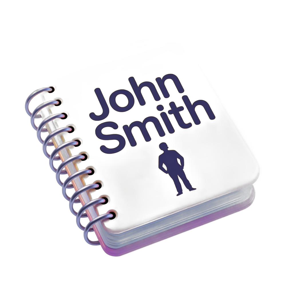 Professional spiral notebook cover with name and silhouette graphic for business branding PNG - transparent background