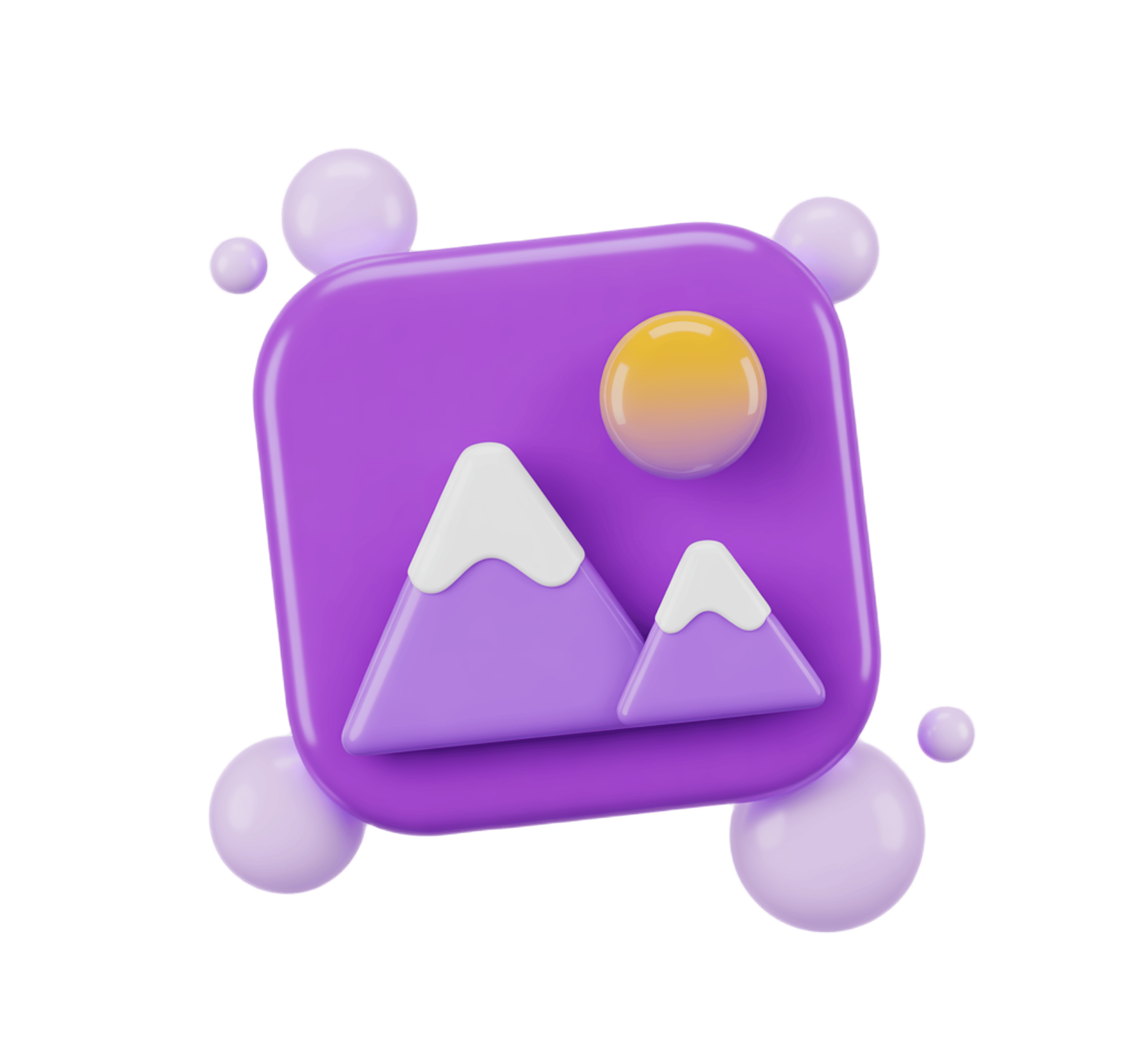 Purple 3d mountain camera icon with sunburst and bubbles for app design and digital media PNG - transparent background