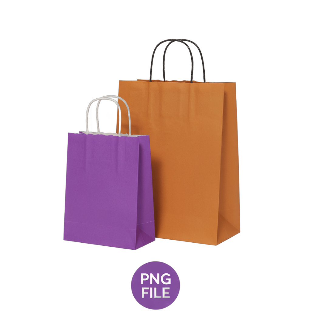 Purple and orange shopping bags with handles for retail packaging and branding designs PNG - transparent background