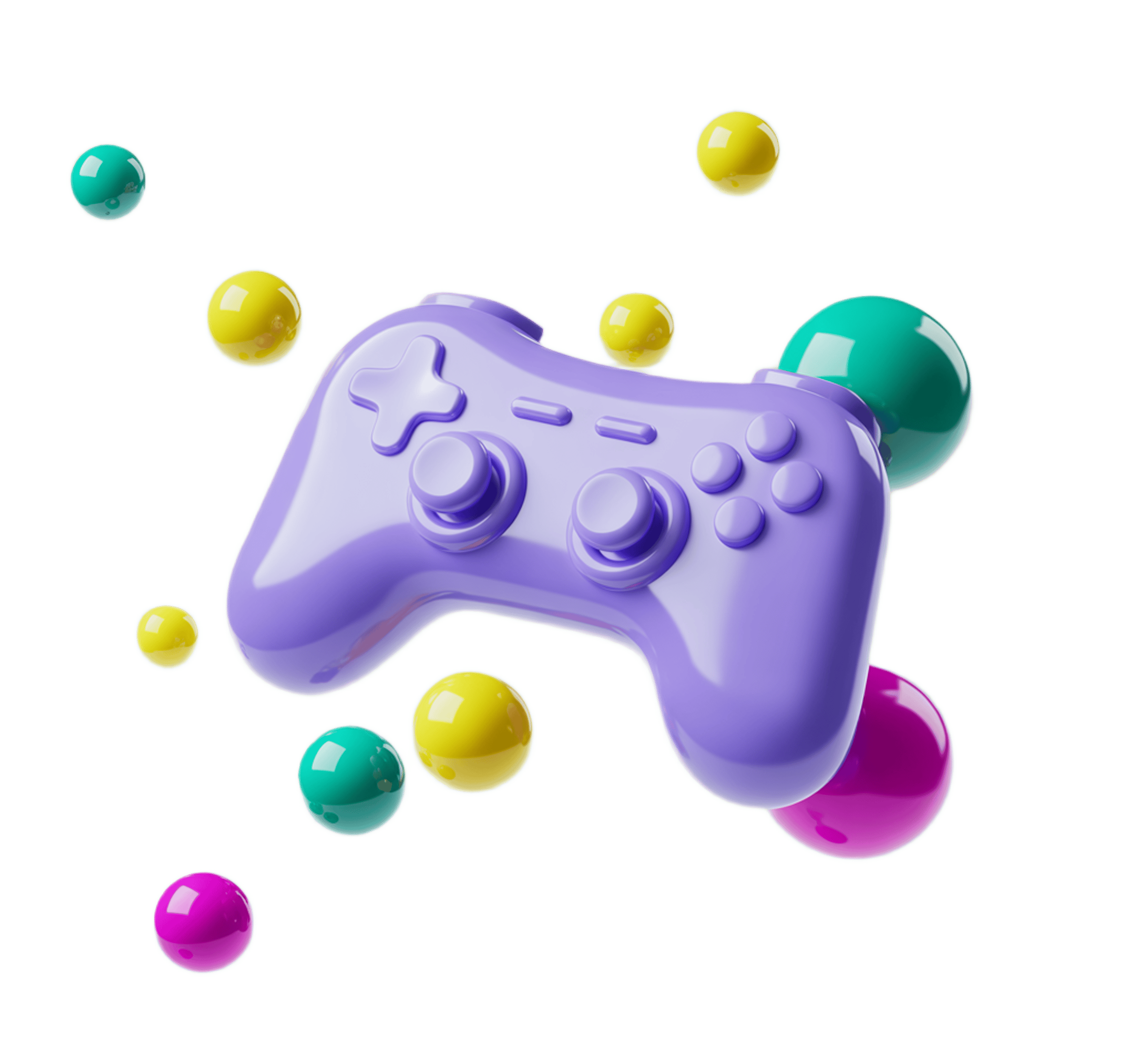 Purple game controller clipart with floating colorful spheres for gaming graphics and digital designs PNG - transparent background