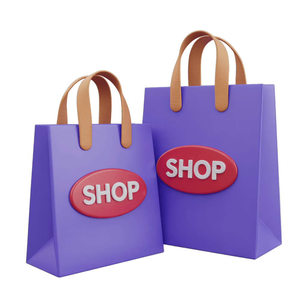 Purple shopping bags with red shop labels for online store branding and retail marketing designs PNG - transparent background