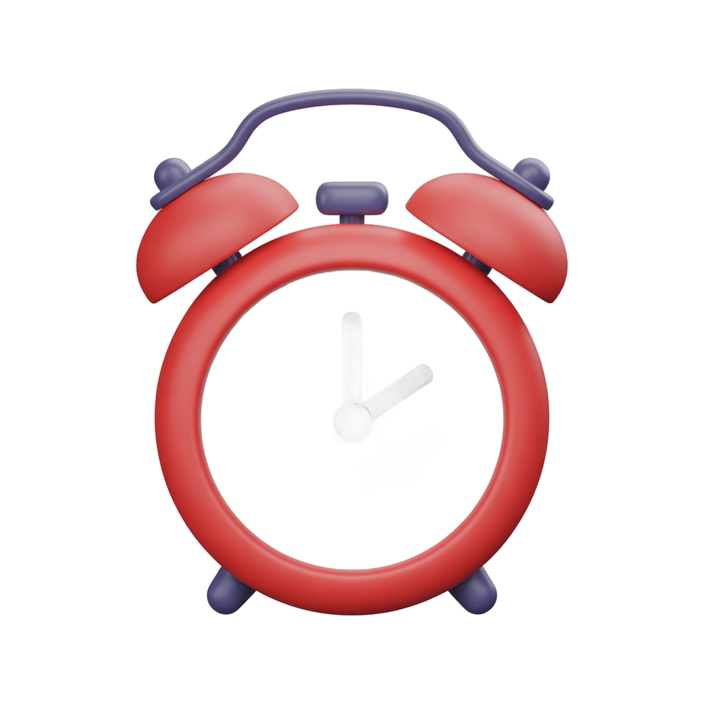 Red alarm clock illustration with white hands for time management and productivity graphics PNG - transparent background