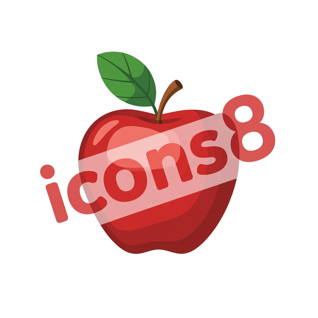 Red apple logo icon with icons8 watermark for branding and digital design projects PNG - transparent background