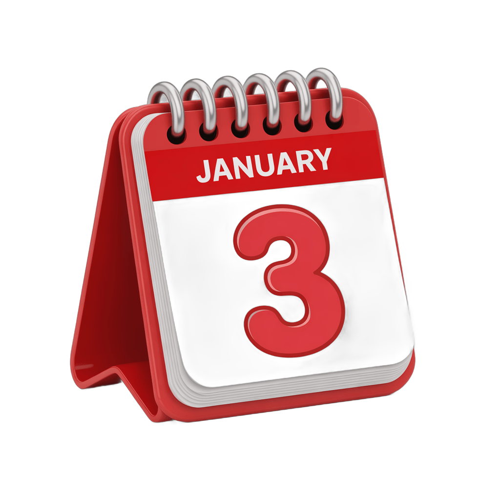 Red calendar page showing January third for planning and event scheduling designs PNG - transparent background