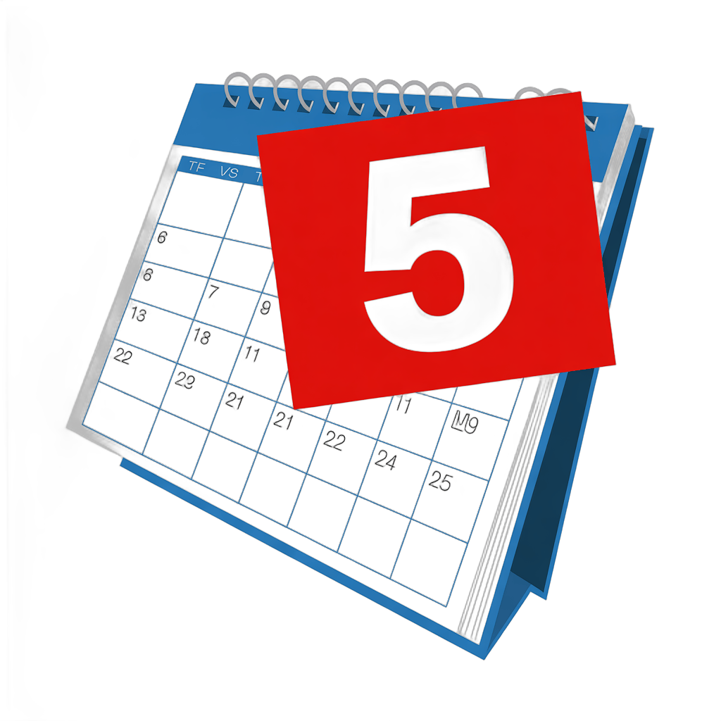 Red five number badge on open monthly calendar page with dates visible PNG - transparent background