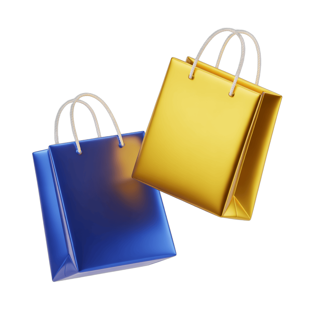 Shiny gold and blue shopping bags clipart for ecommerce marketing and holiday promotions PNG - transparent background