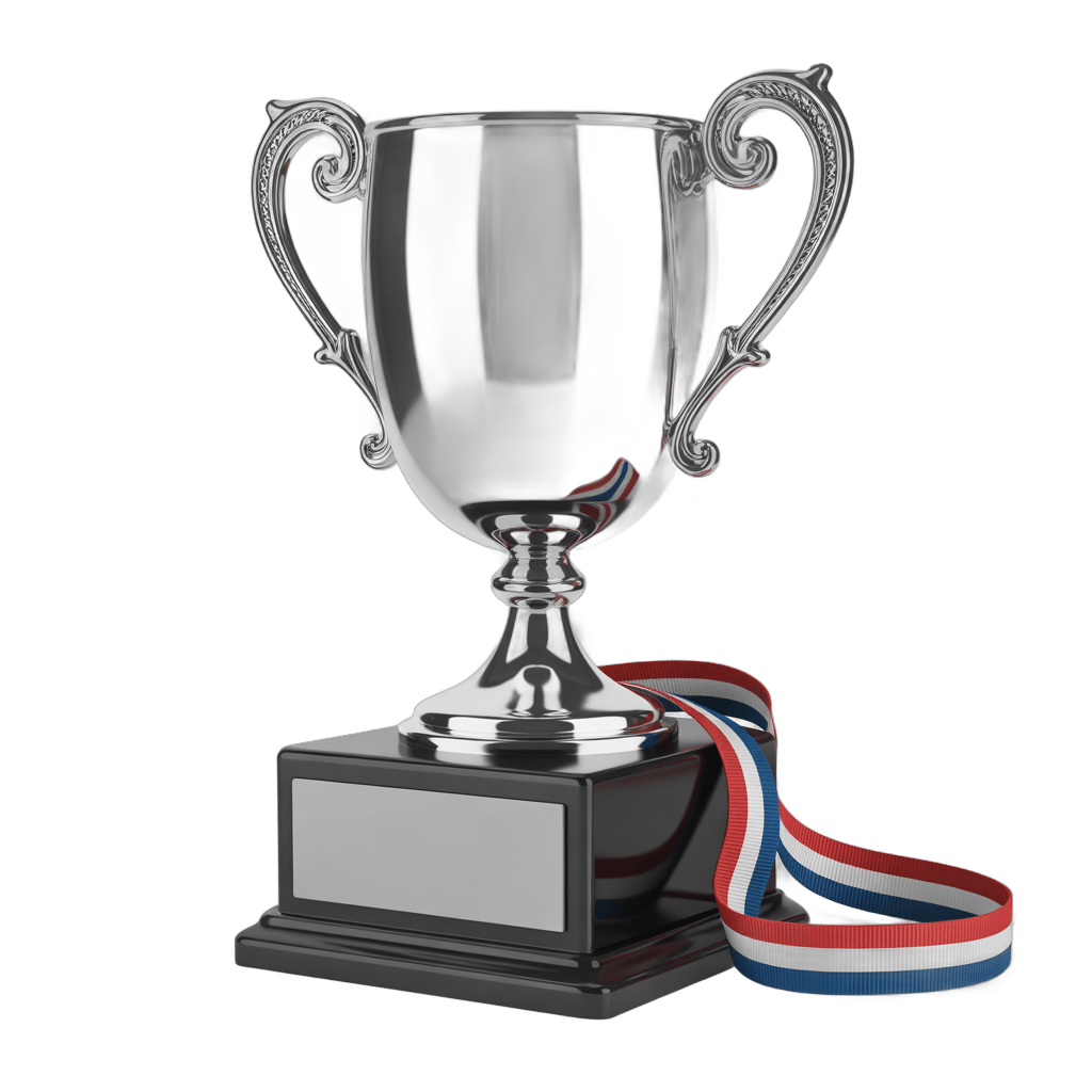 Silver trophy cup with ribbon for award ceremony presentation and winner recognition PNG - transparent background