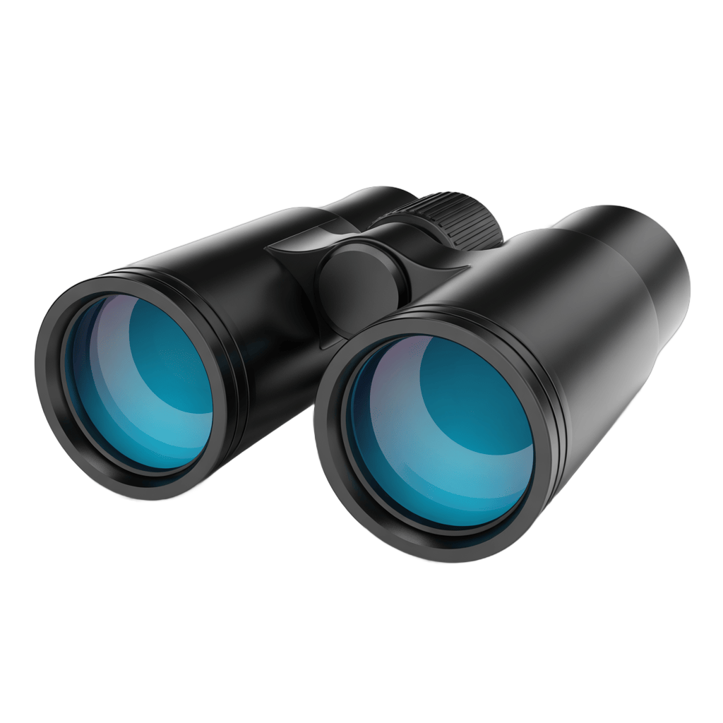 Sleek black binoculars with blue lenses for outdoor adventure and wildlife observation PNG - transparent background