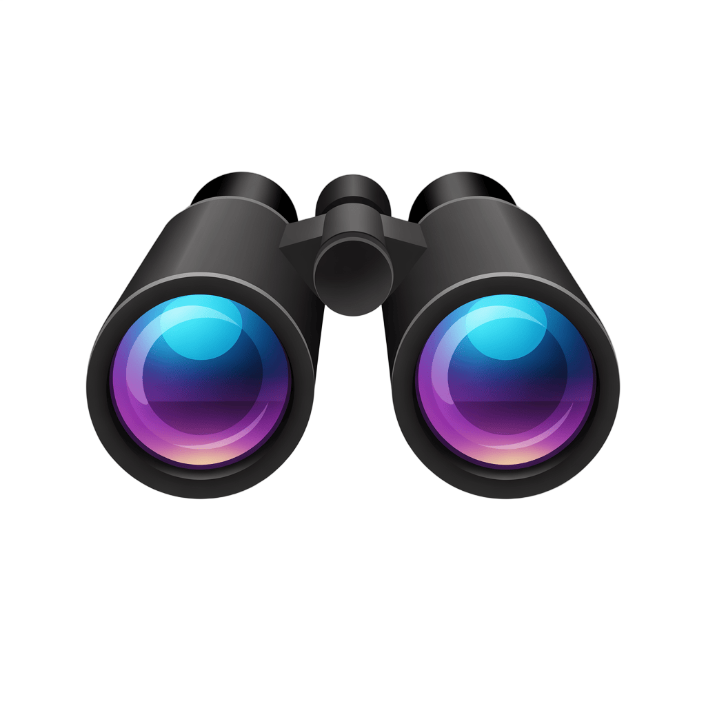 Sleek black binoculars with colorful lenses for outdoor adventure and nature exploration PNG - transparent background