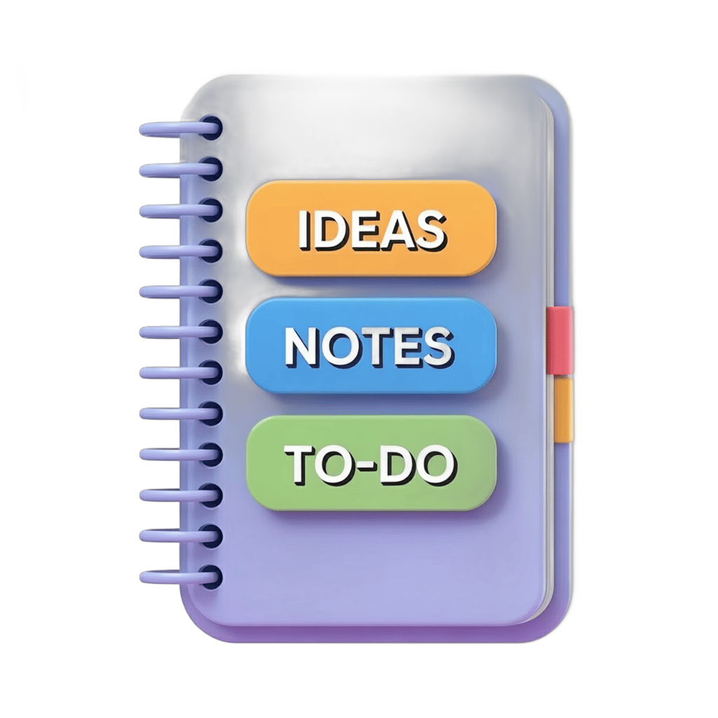 Spiral bound notebook with ideas notes and to-do color labeled tabs for productivity organization PNG - transparent background