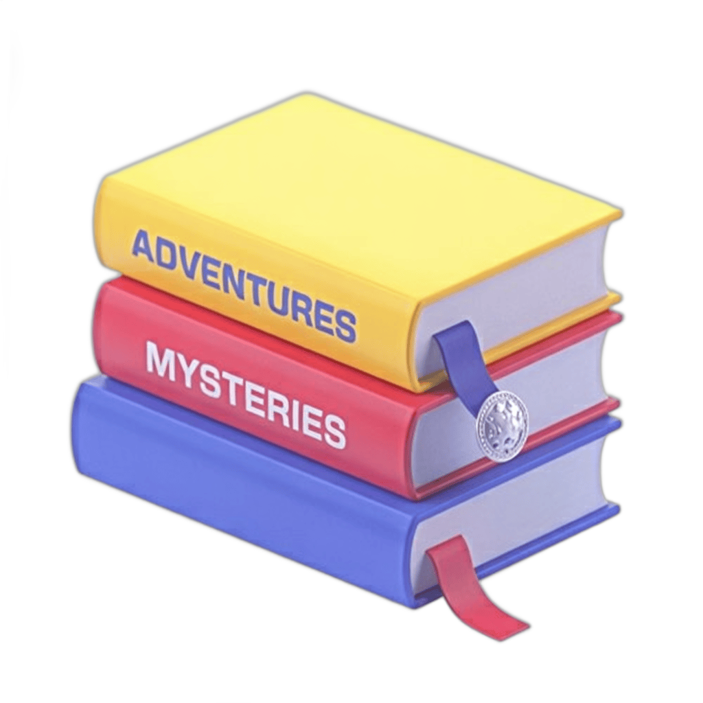 Stacked colorful books labeled adventures mysteries for children educational materials and storytime illustrations PNG - transparent background