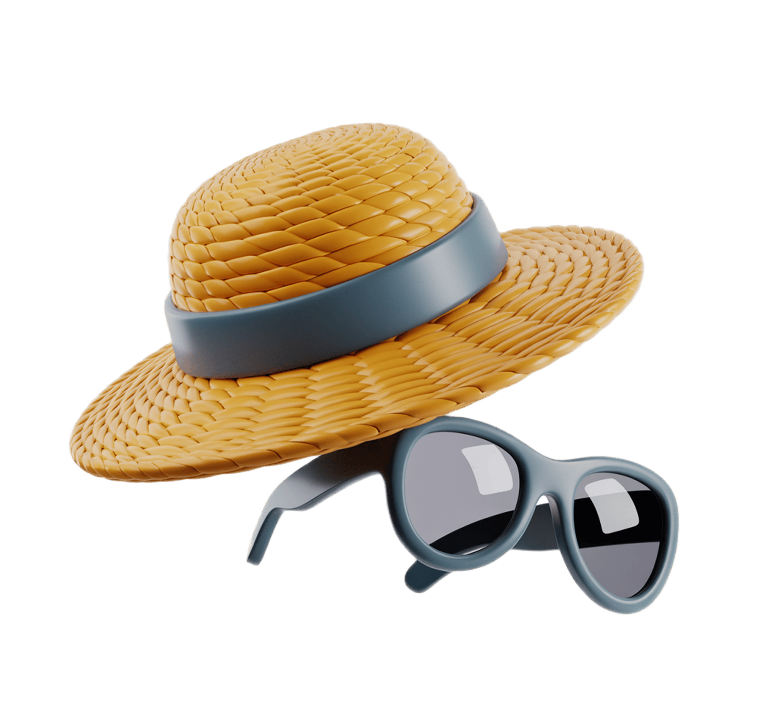 Stylish straw sunhat with dark blue band and matching sunglasses for summer beach vacation outfits PNG - transparent background