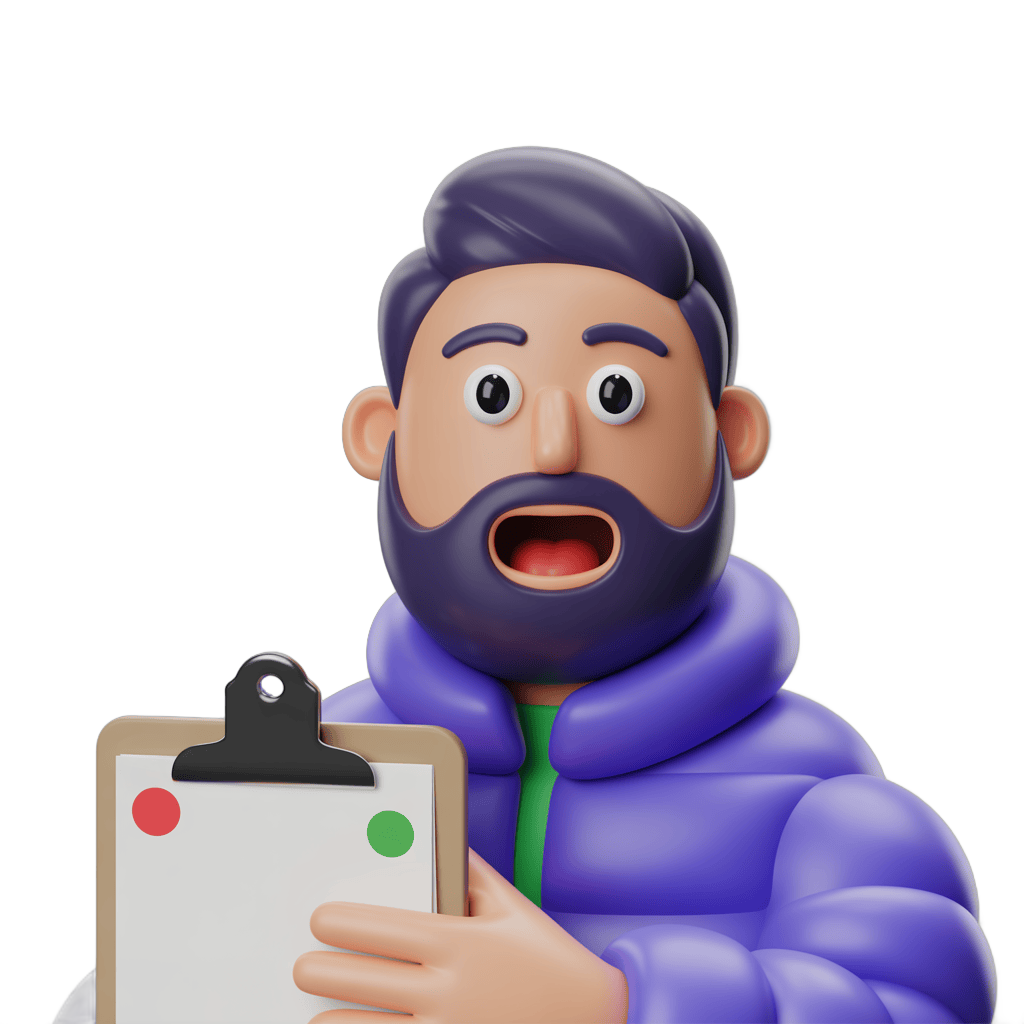 Surprised bearded man holding clipboard with red and green checkmarks for approval or decision making PNG - transparent background