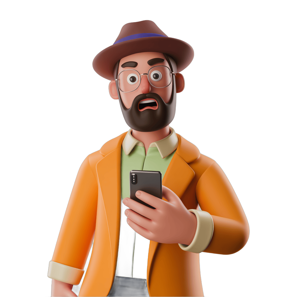 Surprised man in explorer outfit looking at smartphone with shocked expression PNG - transparent background