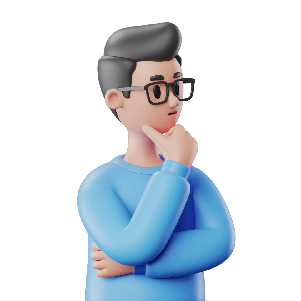 Thoughtful young man in glasses posing with hands on chin for business and education presentations PNG - transparent background