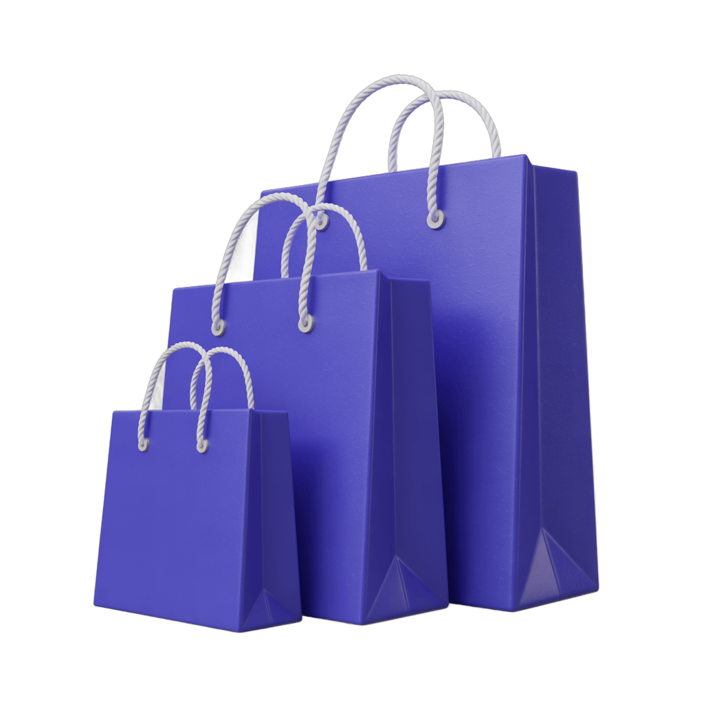 Three blue shopping bags with handles stacked for retail marketing and ecommerce product display PNG - transparent background