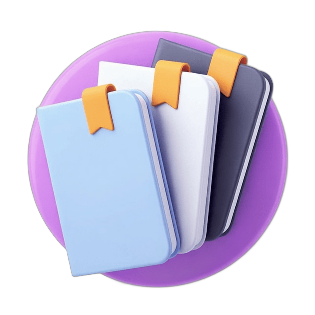 Three colorful notebooks stacked with bookmark tabs for office organization and planning PNG - transparent background