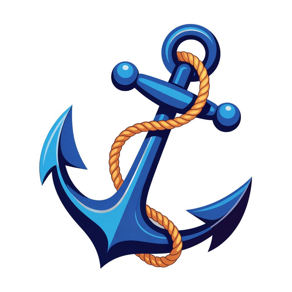 Vibrant cartoon anchor graphic element with rope for nautical themes and maritime branding PNG - transparent background