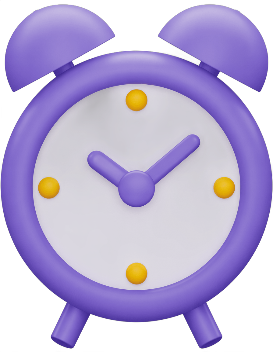 Vibrant purple alarm clock clipart with yellow dots for time management and productivity designs PNG - transparent background