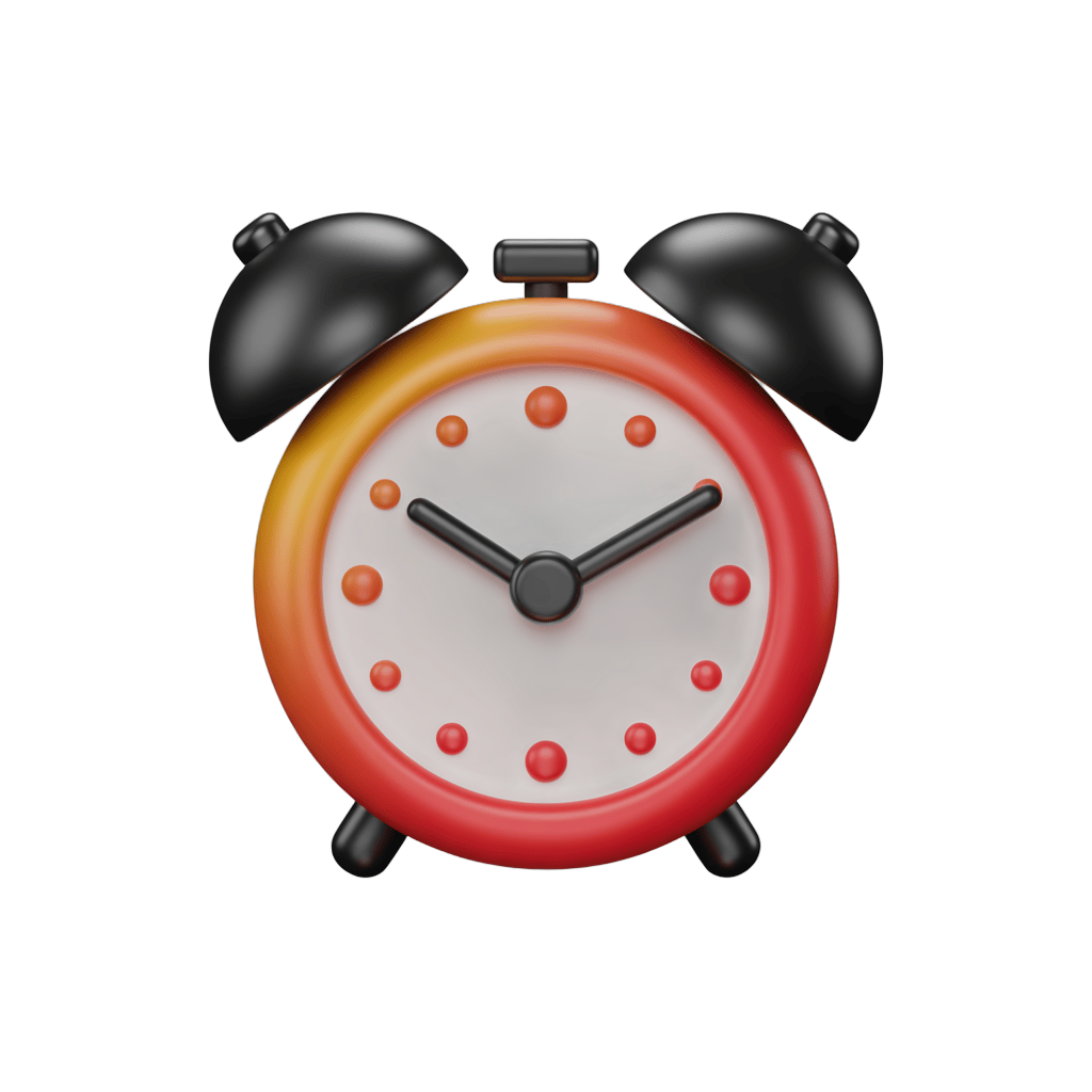 Vibrant red alarm clock with black hands and bells isolated on transparent background for digital designs PNG - transparent background