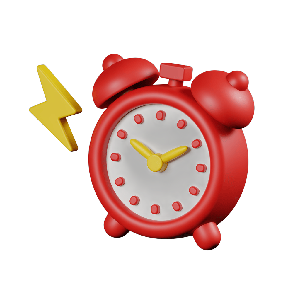 Vibrant red alarm clock with lightning bolt graphic for urgency and productivity designs PNG - transparent background